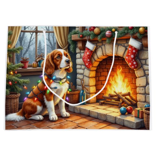 Brittany Spaniel Fireplace with Christmas Lights Große Geschenktüte (Vorderseite)
