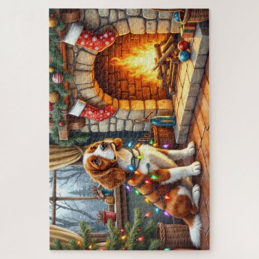 Brittany Spaniel Fireplace with Christmas Lights Puzzle (Vertikal)