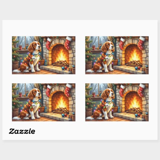 Brittany Spaniel Fireplace with Christmas Lights Rechteckiger Aufkleber (Blatt)