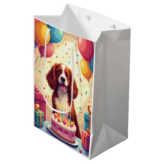 Brittany Spaniel Geburtstagsfeier Mittlere Geschenktüte (Vorderseite Schrägansicht)