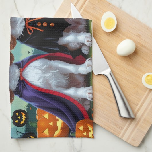 Brittany Spaniel Hogs Pumpkin Halloween Funny Geschirrtuch (Viertel Falte)