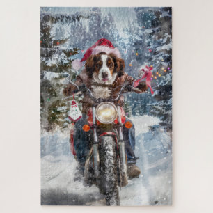 Brittany Spaniel Hund fährt Motorrad Weihnachten Puzzle