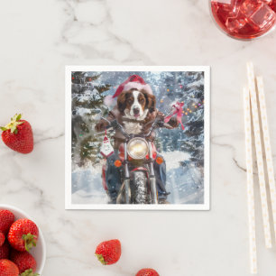 Brittany Spaniel Hund fährt Motorrad Weihnachten Serviette