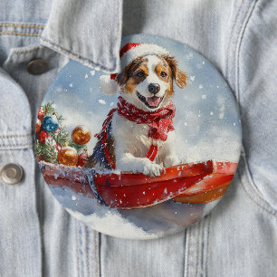 Brittany Spaniel Hund im Schlitten Weihnachten Button