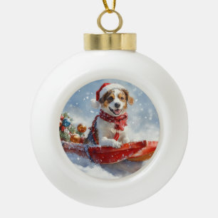 Brittany Spaniel Hund im Schlitten Weihnachten Keramik Kugel-Ornament