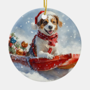 Brittany Spaniel Hund im Schlitten Weihnachten Keramik Ornament