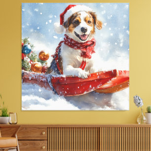 Brittany Spaniel Hund im Schlitten Weihnachten Leinwanddruck