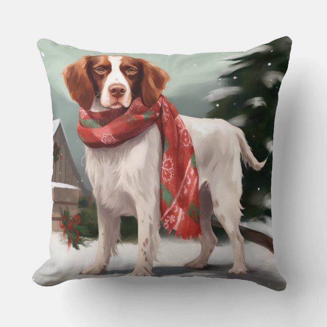 Brittany Spaniel Hund in Schnee Weihnachten Kissen (Vorderseite)