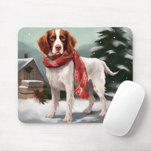 Brittany Spaniel Hund in Schnee Weihnachten Mousepad (Mit Mouse)