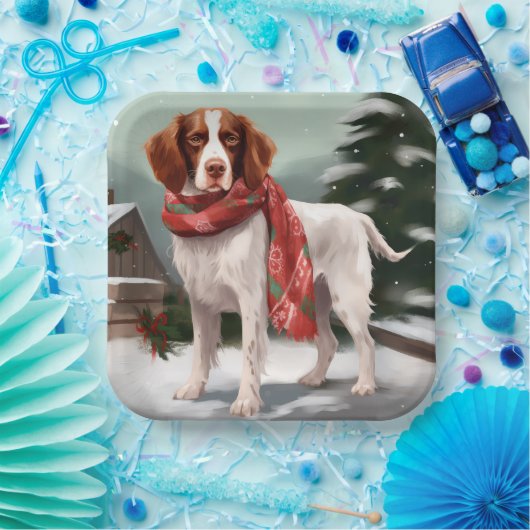 Brittany Spaniel Hund in Schnee Weihnachten Pappteller (Party)