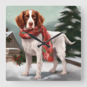 Brittany Spaniel Hund in Schnee Weihnachten Quadratische Wanduhr (Vorderseite)