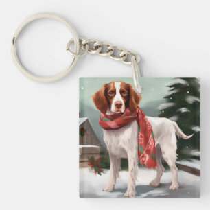 Brittany Spaniel Hund in Schnee Weihnachten Schlüsselanhänger