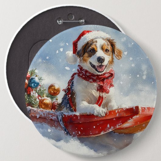 Brittany Spaniel Hund in Sledge Weihnachten Button (Vorne & Hinten)