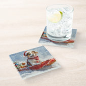 Brittany Spaniel Hund in Sledge Weihnachten Glasuntersetzer (Schrägansicht)