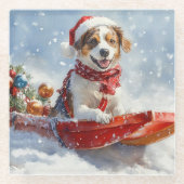 Brittany Spaniel Hund in Sledge Weihnachten Glasuntersetzer (Vorderseite)