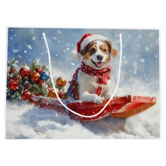 Brittany Spaniel Hund in Sledge Weihnachten Große Geschenktüte (Rückseite)