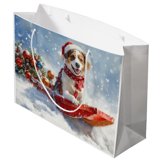 Brittany Spaniel Hund in Sledge Weihnachten Große Geschenktüte (Rückseite Schrägansicht)