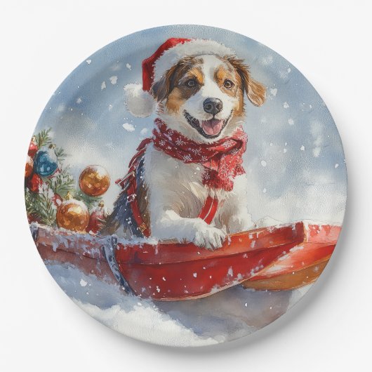 Brittany Spaniel Hund in Sledge Weihnachten Pappteller (Vorderseite)