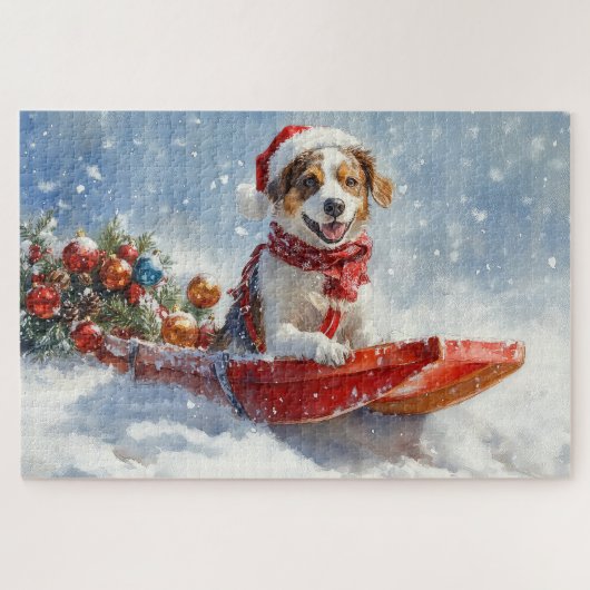 Brittany Spaniel Hund in Sledge Weihnachten Puzzle (Horizontal)