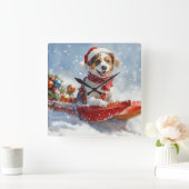 Brittany Spaniel Hund in Sledge Weihnachten Quadratische Wanduhr (Zuhause)