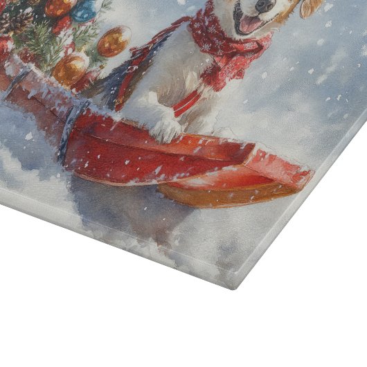Brittany Spaniel Hund in Sledge Weihnachten Schneidebrett (Ecke)
