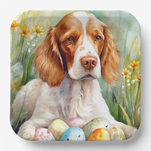 Brittany Spaniel Hund mit Ostereiern Urlaub Pappteller (Vorderseite)