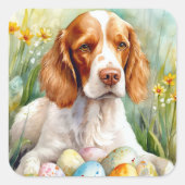Brittany Spaniel Hund mit Ostereiern Urlaub Quadratischer Aufkleber (Vorderseite)