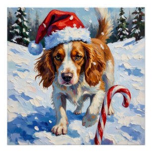 Brittany Spaniel Hund zeigt auf Weihnachtsbonbon Poster