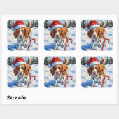 Brittany Spaniel Hund zeigt auf Weihnachtsbonbon Quadratischer Aufkleber (Blatt)