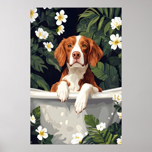 Brittany Spaniel In Bathtub Poster, Funny Dog Poster (Vorne)