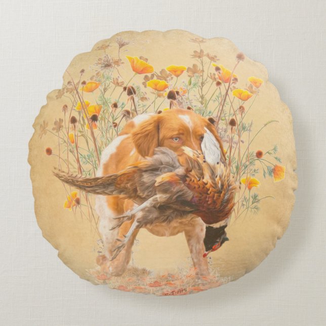 Brittany Spaniel, Jagd Fasan Coffee Tasse T-Sh Rundes Kissen (Vorderseite)