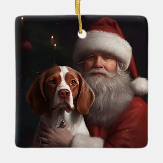 Brittany Spaniel mit Weihnachten im Weihnachtsmann Keramikornament (Vorderseite)
