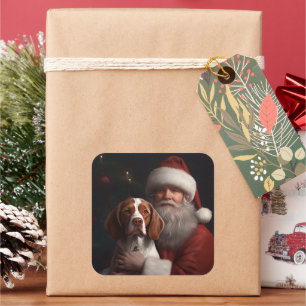 Brittany Spaniel mit Weihnachten im Weihnachtsmann Quadratischer Aufkleber