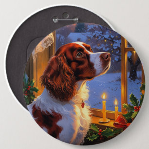 Brittany Spaniel mit Weihnachtsbeleuchtung Feierta Button