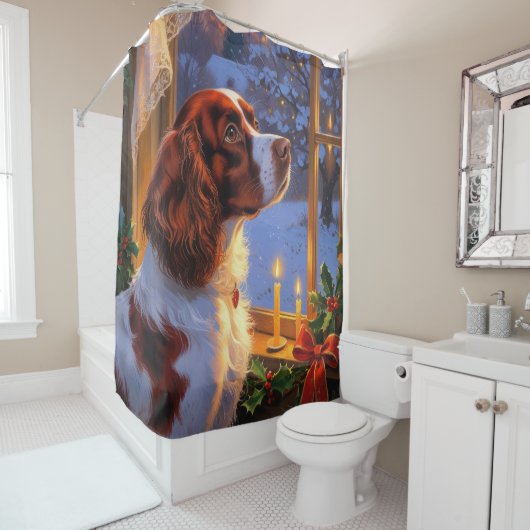 Brittany Spaniel mit Weihnachtsbeleuchtung Feierta Duschvorhang (Beispiel)