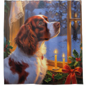 Brittany Spaniel mit Weihnachtsbeleuchtung Feierta Duschvorhang (Vorderseite)