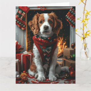 Brittany Spaniel mit Weihnachtsgeschenken Kamin  Karte