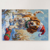 Brittany Spaniel Pointing at Santa's Glove Hat Puzzle (Horizontal)