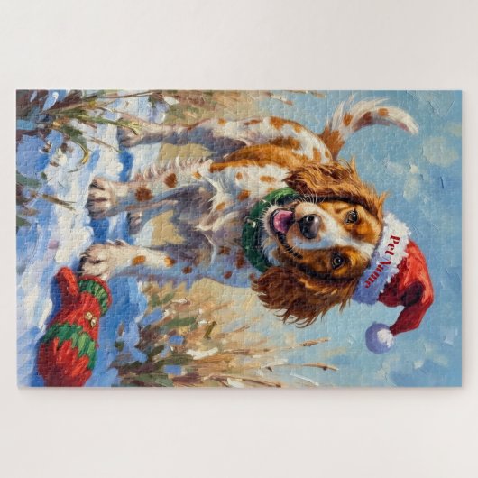 Brittany Spaniel Pointing at Santa's Glove Hat Puzzle (Horizontal)