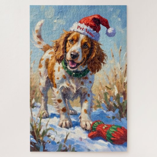 Brittany Spaniel Pointing at Santa's Glove Hat Puzzle (Vertikal)