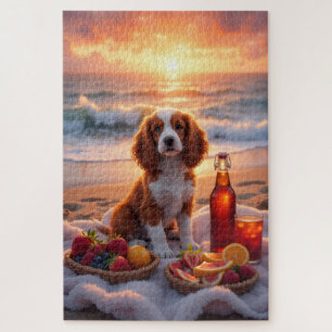 Brittany Spaniel Sonnenuntergang Strand Picknick Puzzle