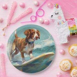 Brittany Spaniel Strand Surfen Malerei Pappteller
