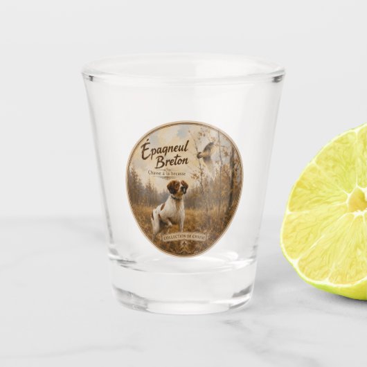 Brittany Spaniel und Waldschnepfe Schnapsglas (Vorderseite)