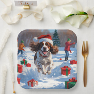 Brittany Spaniel Weihnachtsfestliche Schneeszene Pappteller