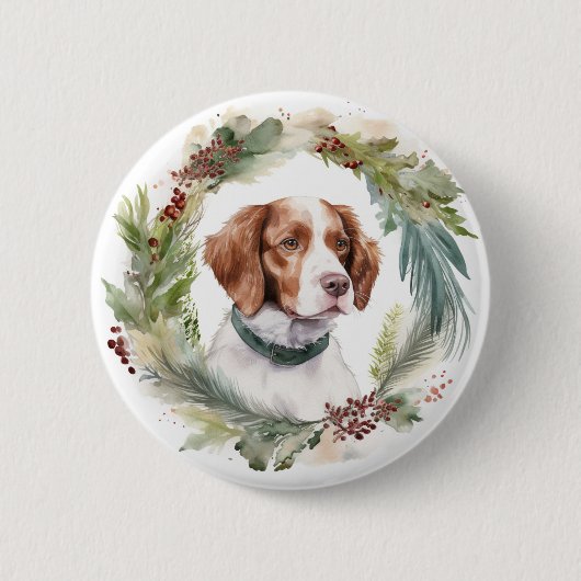 Brittany Spaniel Weihnachtskranz Festlicher Hund Button (Vorderseite)