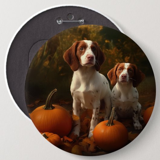 Brittany Spaniel Welpe Autumn Delight Pumpkin Button (Vorne & Hinten)