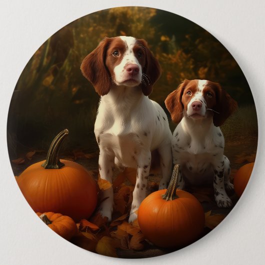 Brittany Spaniel Welpe Autumn Delight Pumpkin Button (Vorderseite)