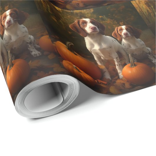 Brittany Spaniel Welpe Autumn Delight Pumpkin Geschenkpapier (Rolleneckpunkt)