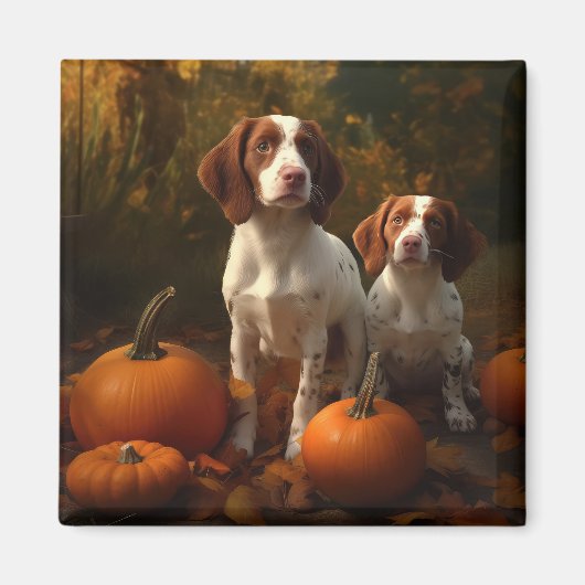Brittany Spaniel Welpe Autumn Delight Pumpkin Magnet (Vorne)