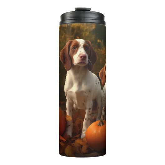 Brittany Spaniel Welpe Autumn Delight Pumpkin Thermosbecher (Vorderseite)
